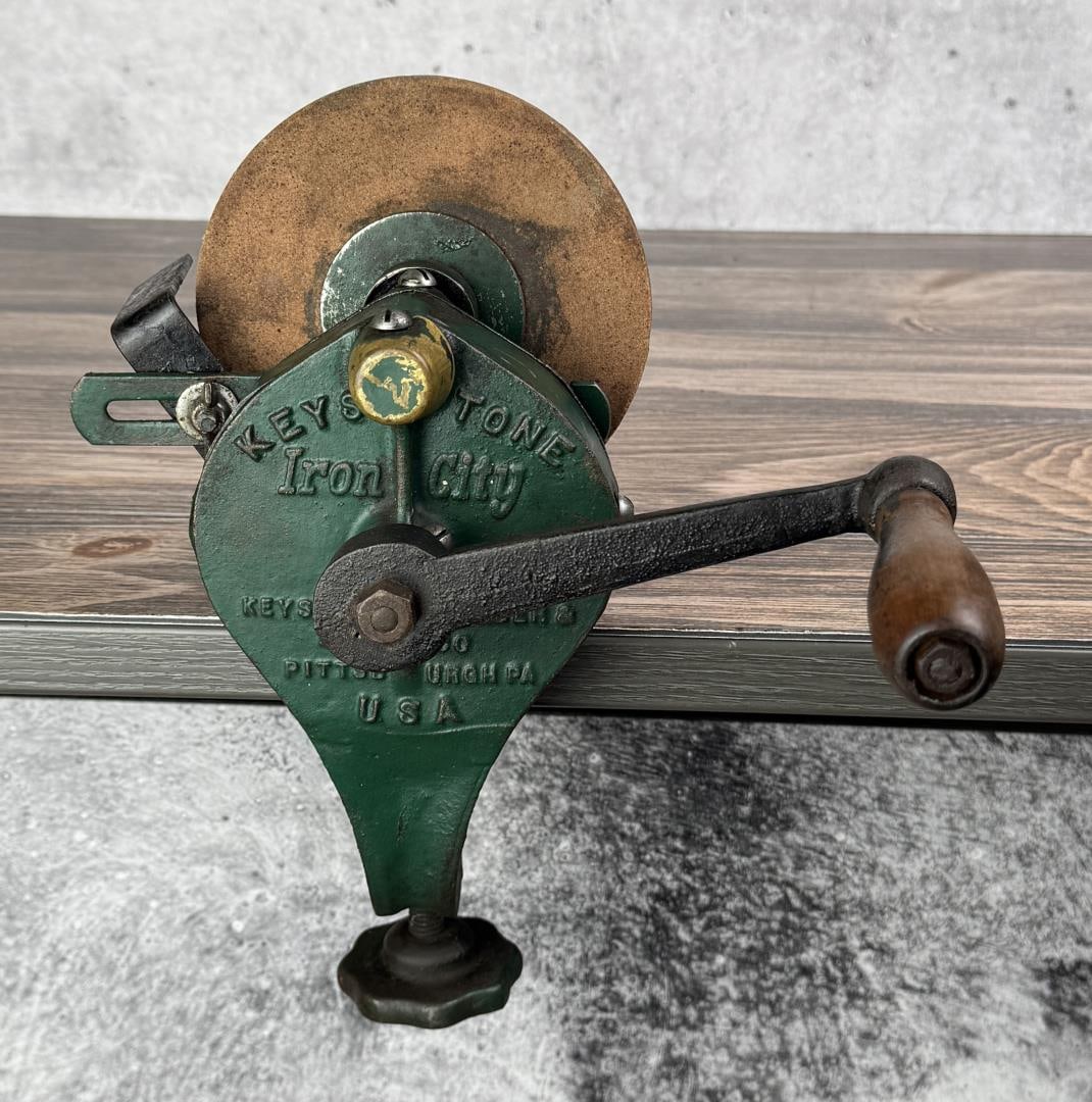 Keystone Iron City Bench Grinder Sharpening Stone: Hand crank. 12" long by 9".