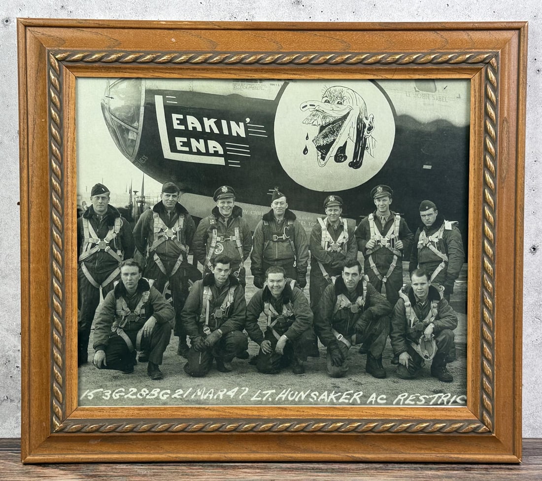 Post WW2 Bomber Airplane Plane Nose Art Photo: B17 Leakin Lena aircraft. Photo featuring LT. Hunstaker with Leakin Lena post war 1947. Photo is 11" by 14 1/2" unframed, frame is 14" by 16".