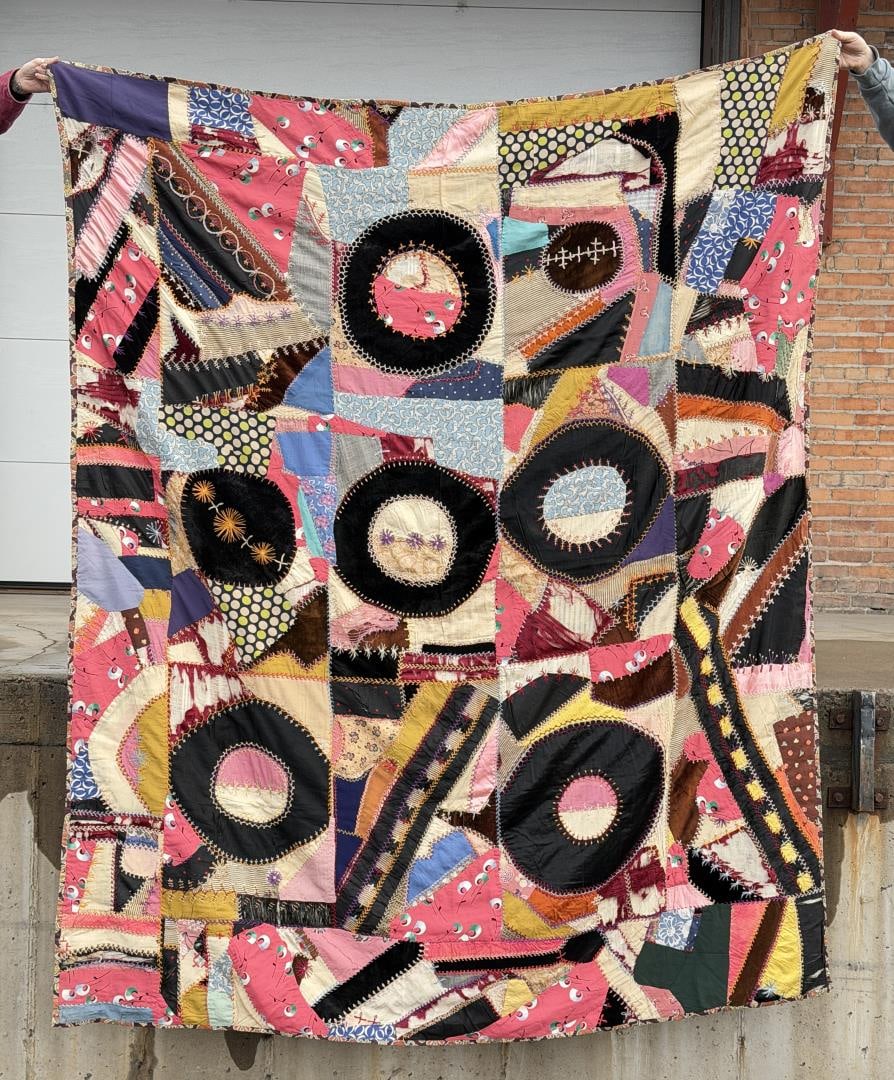 Antique Folk Art Crazy Quilt: 68 1/2" by 91".