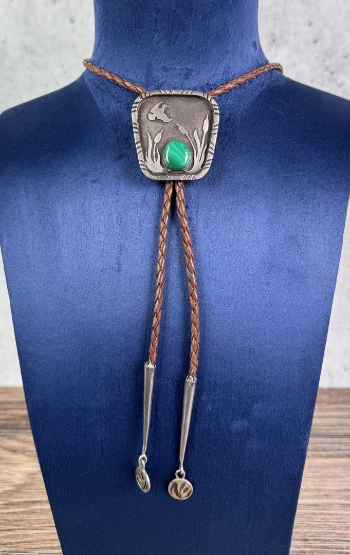Navajo Sterling Silver Malachite Bolo Tie: Top notch work with matching dangles on the tips. Measures 18 1/2" long.