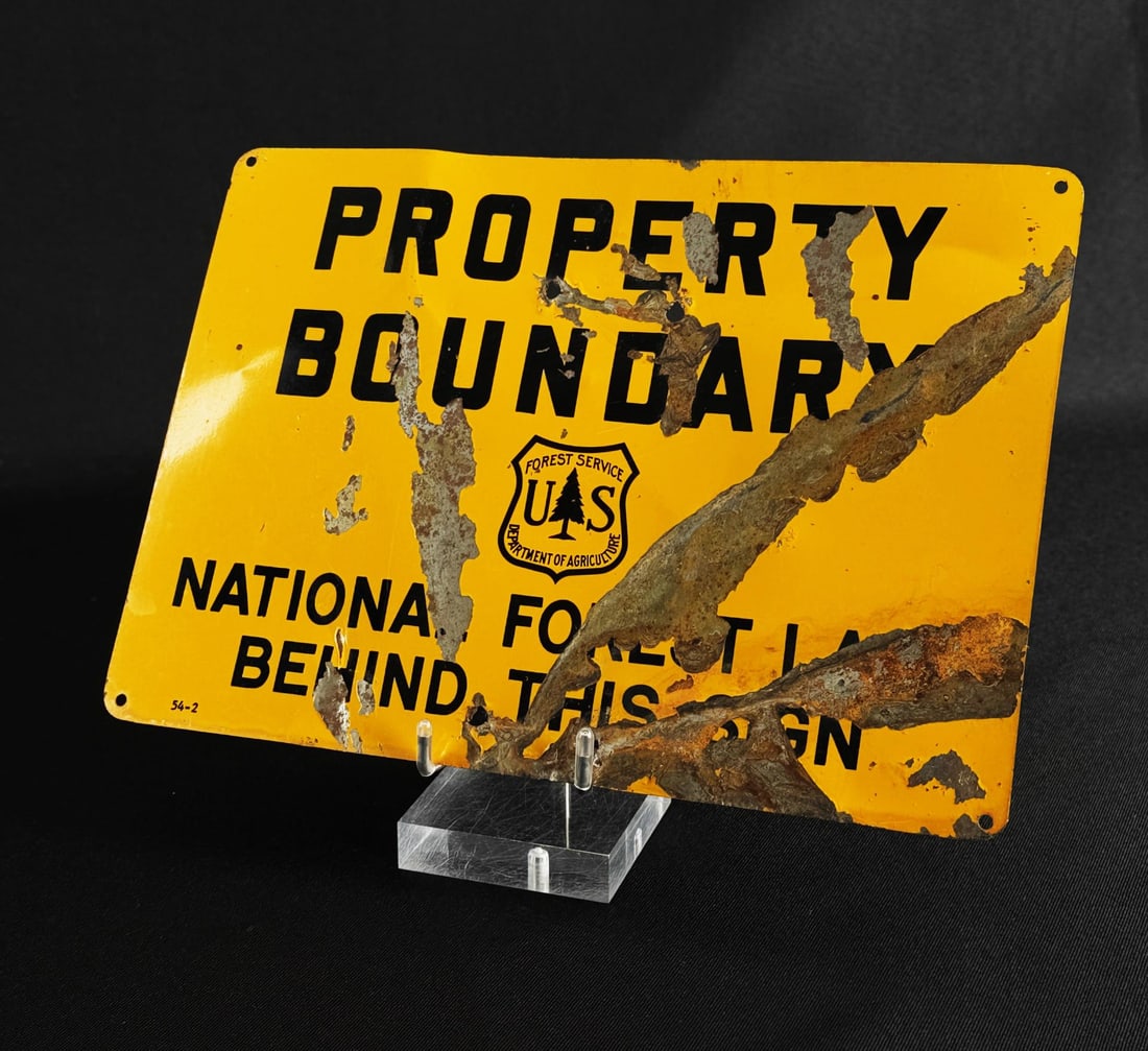 USFS US Forest Service Property Boundary Sign: Paint loss and rust throughout. 7" by 10".