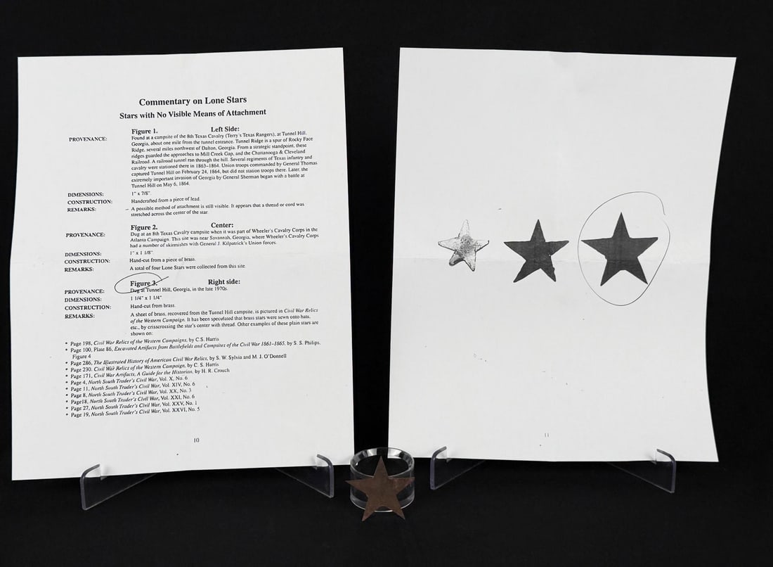 Civil War Confederate Texas Lone Star Hat Badge: Dug at Tunnel Hill Georgia. 1 1/2" by 1 1/2". Provenance: EX-Texas Civil War Museum, Fort Worth TX. Texas Civil War Artifacts: A Photographic Guide to the Physical Culture of Texas Civil War Soldiers,