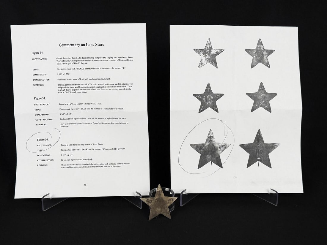 Civil War Confederate Texas Lone Star Hat Badge: Dug at 1st Texas Infantry Site near Waco Texas. 2 1/4" by 2 1/4". Provenance: EX-Texas Civil War Museum, Fort Worth TX. Texas Civil War Artifacts: A Photographic Guide to the Physical Culture of Texas