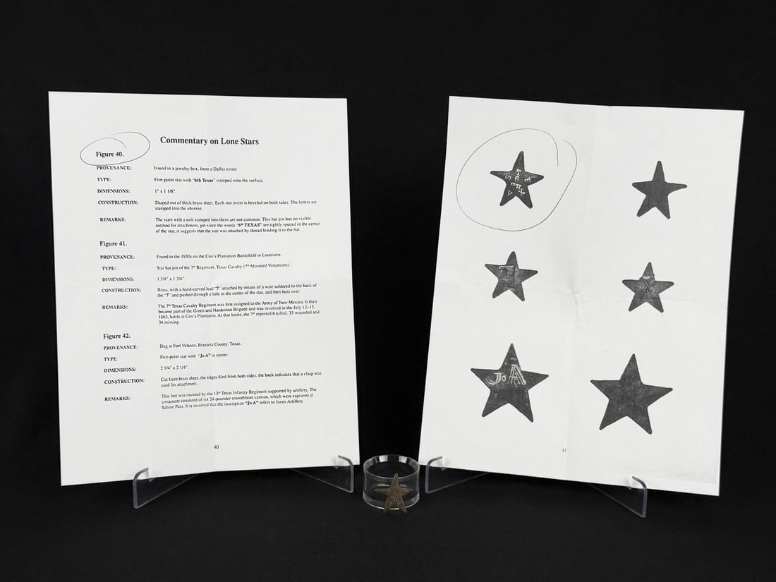 Civil War Confederate Texas Lone Star Hat Badge: Found in a Dallas Texas Estate. 1" by 1 1/8". Provenance: EX-Texas Civil War Museum, Fort Worth TX. Texas Civil War Artifacts: A Photographic Guide to the Physical Culture of Texas Civil War Soldiers,