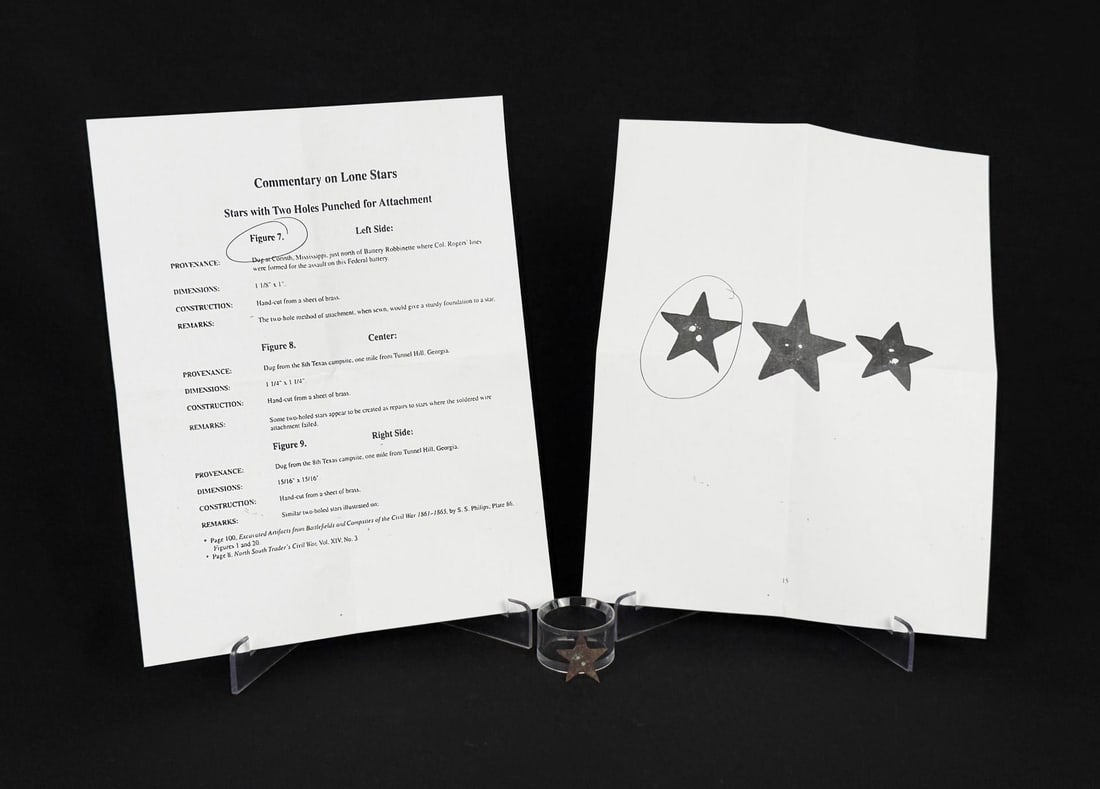 Civil War Confederate Texas Lone Star Hat Badge: Dug at Corinth Mississippi, North of Battery Robbinette. 1" by 1". Provenance: EX-Texas Civil War Museum, Fort Worth TX. Texas Civil War Artifacts: A Photographic Guide to the Physical Culture of Texa