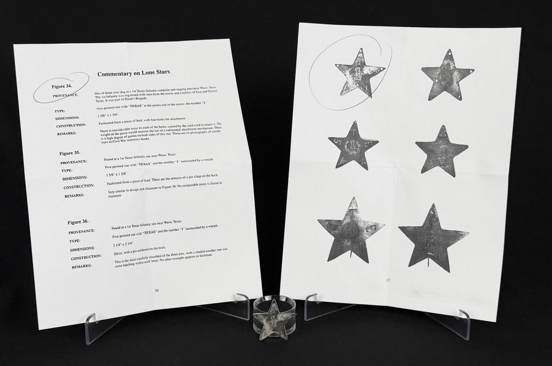 Civil War Confederate Texas Lone Star Hat Badge: Dug at an 1st Texas Infantry Campsite near Waco Texas. 1 1/2" by 1 1/2". Provenance: EX-Texas Civil War Museum, Fort Worth TX. Texas Civil War Artifacts: A Photographic Guide to the Physical Culture o