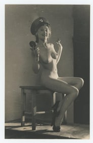 WW2 Nude Woman in Army Hat RPPC Postcard