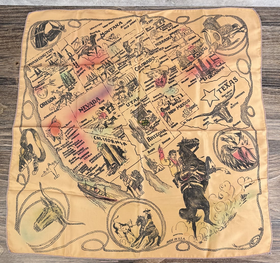 Vintage USA Made Silk Cowboy Handkerchief Bandana: Measures 24" by 24".
