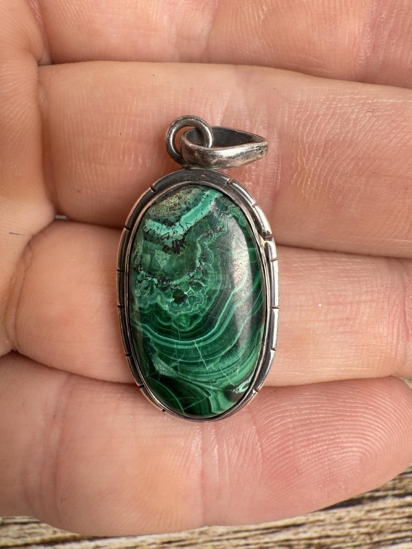 Navajo Sterling Silver Malachite Necklace Pendant: Measures 1 1/4" long.