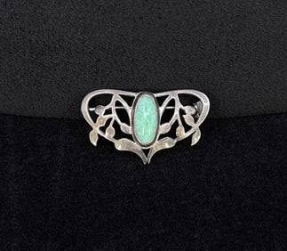 Art Nouveau Amazonite Sterling Silver Brooch Pin