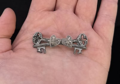 Victorian Silver Heart & Key Brooch Pin