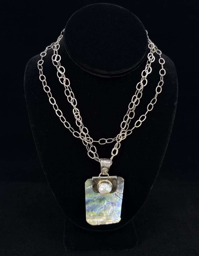 Sterling Silver Abalone Necklace: 8" long closed.