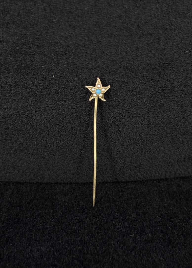 10k Gold Seed Pearl Turquoise Stick Pin: .69 grams. 2" long.