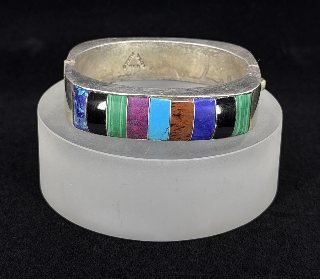 Taxco Mexico Sterling Silver Inlaid Bracelet: 2 3/4" outside diameter. 82.28 grams.