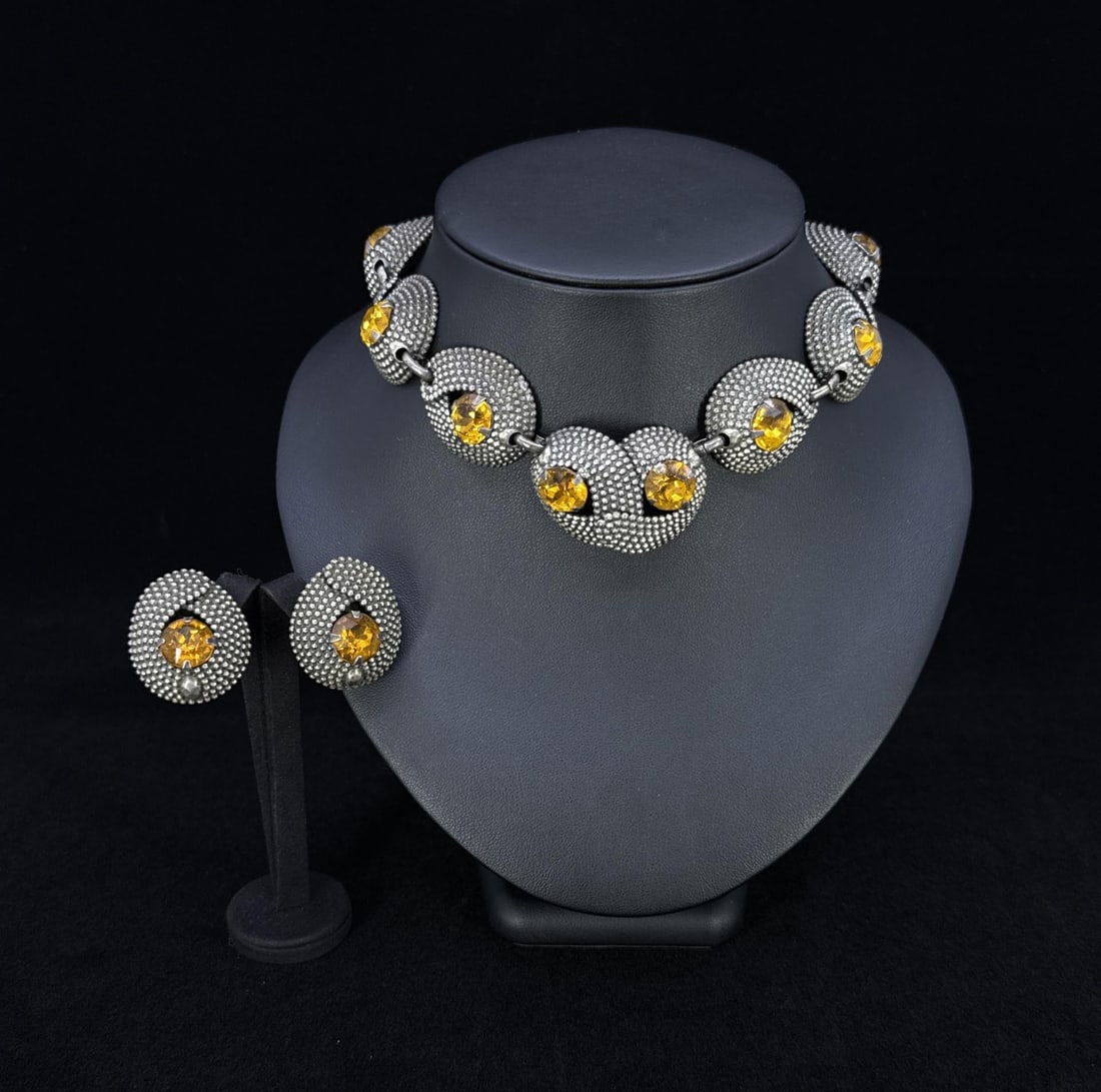 Napier Costume Jewelry Cut Steel Necklace Earrings: 11" long closed.