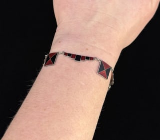 Art Deco Sterling Silver Red Black Enamel Bracelet