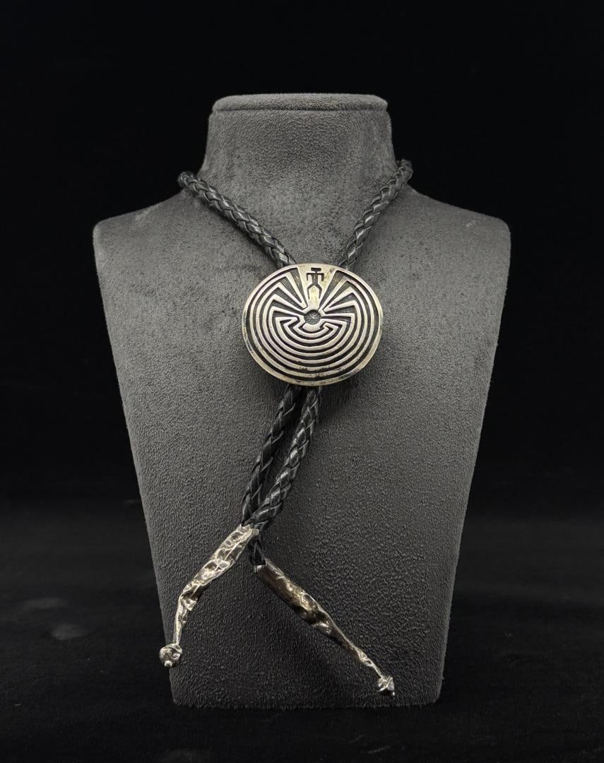 Navajo Sterling Silver Man in Maze Bolo Tie: 20 7/8" long.