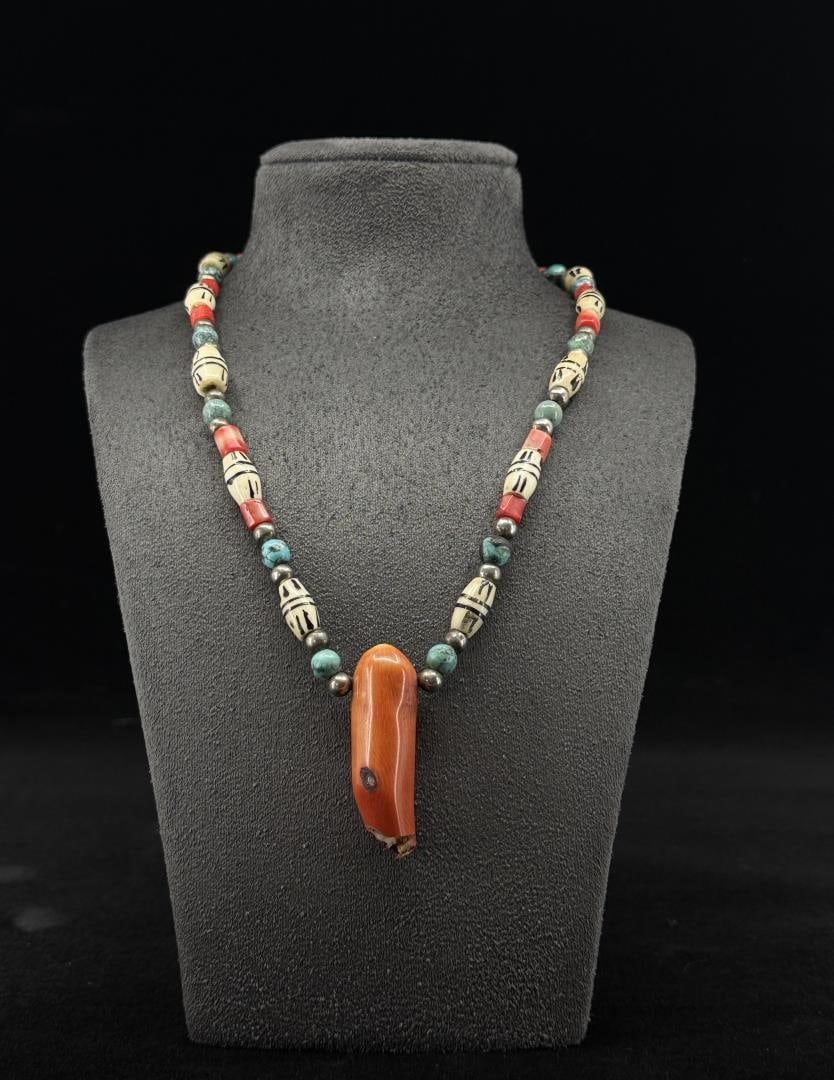 Pueblo Coral and Turquoise Necklace: 9 3/4" long closed.