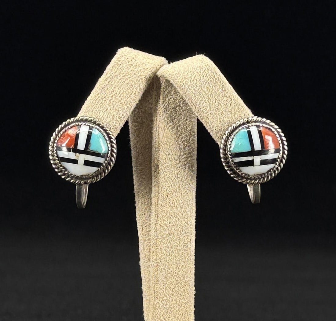 Zuni Inlaid Sterling Silver Sunface Earrings: 1/2" long.