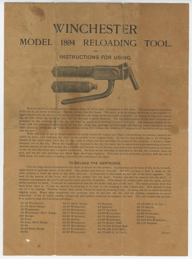 Winchester Model 1894 Reloading Tool Instructions: Scarce original example