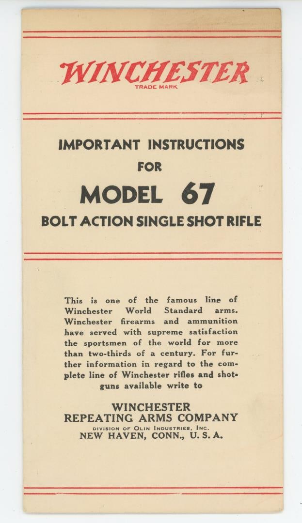 Winchester Instructions for Model 67 Brochure: Important Instructions for the Model 67 Bolt Action Single Shot Rifle. Nice original example