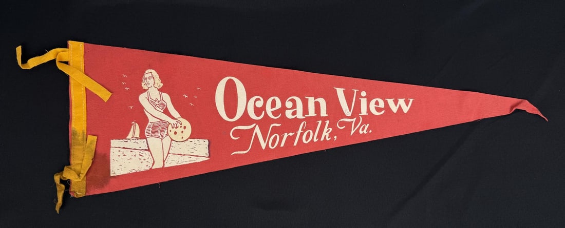 Ocean View Virginia Souvenir Felt Pennant: Norfolk Virginia. 27" by 8 1/2".