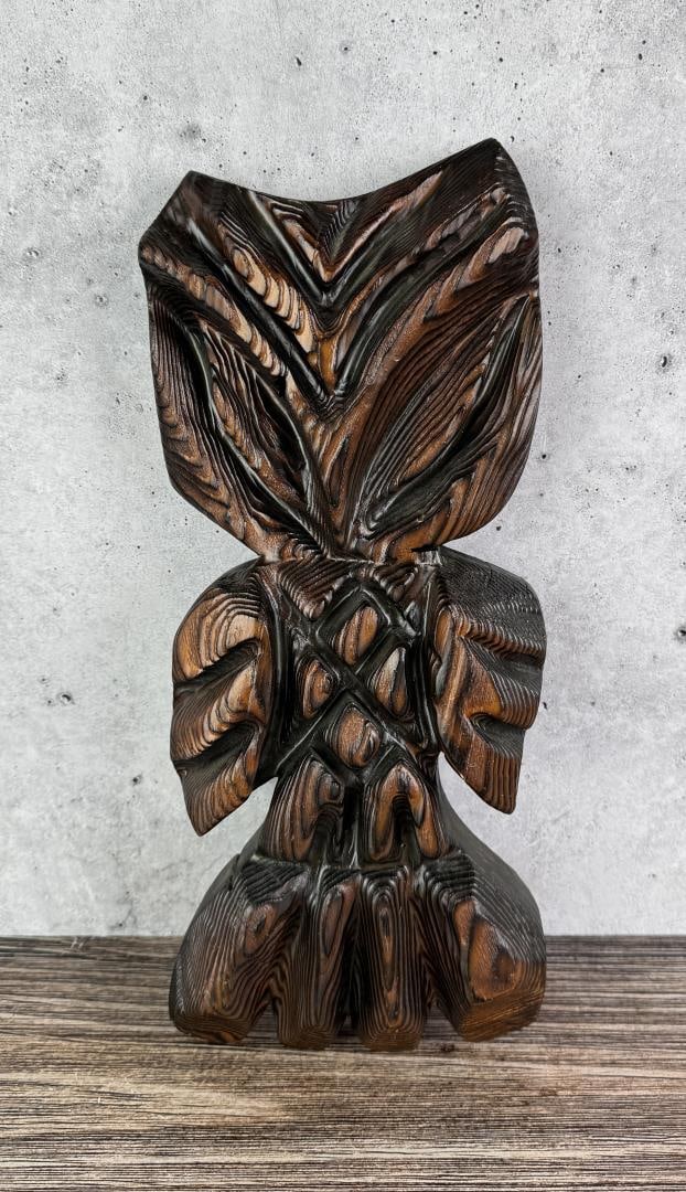 Japanese Cryptomeria Carved Wood Tiki Decoration: 14" by 6" by 1 7/8"