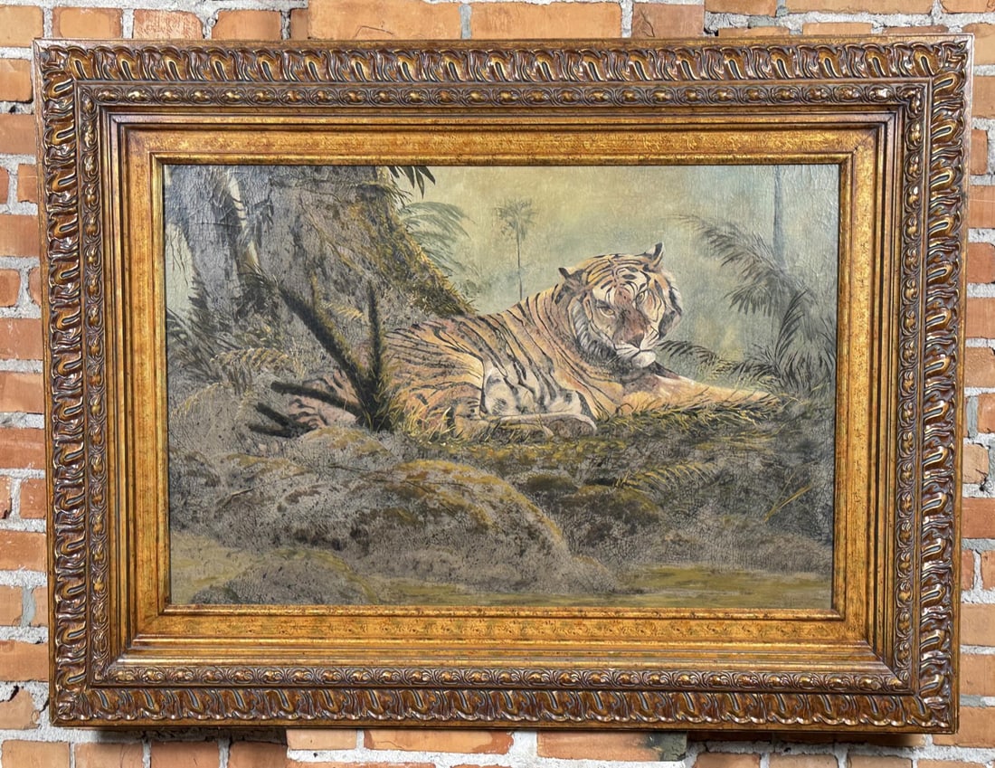 Tiger Painting: Has been laid on board. It is meant to look old, but it is contemporary. 24" by 36" unframed, 37" by 49" framed.