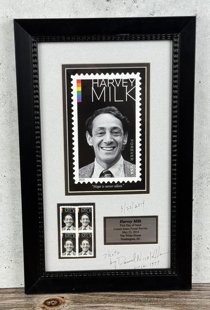 Harvey Milk First Day Issue Photo: Photographer has signed matte. 10" by 16" framed.