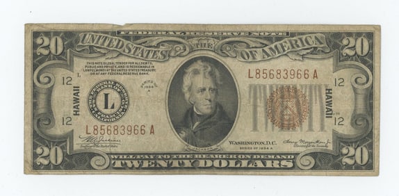 1934 A Hawaii $20 Orange Seal Note