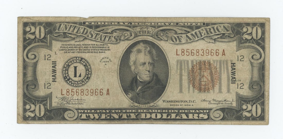 1934 A Hawaii $20 Orange Seal Note: Decent example.