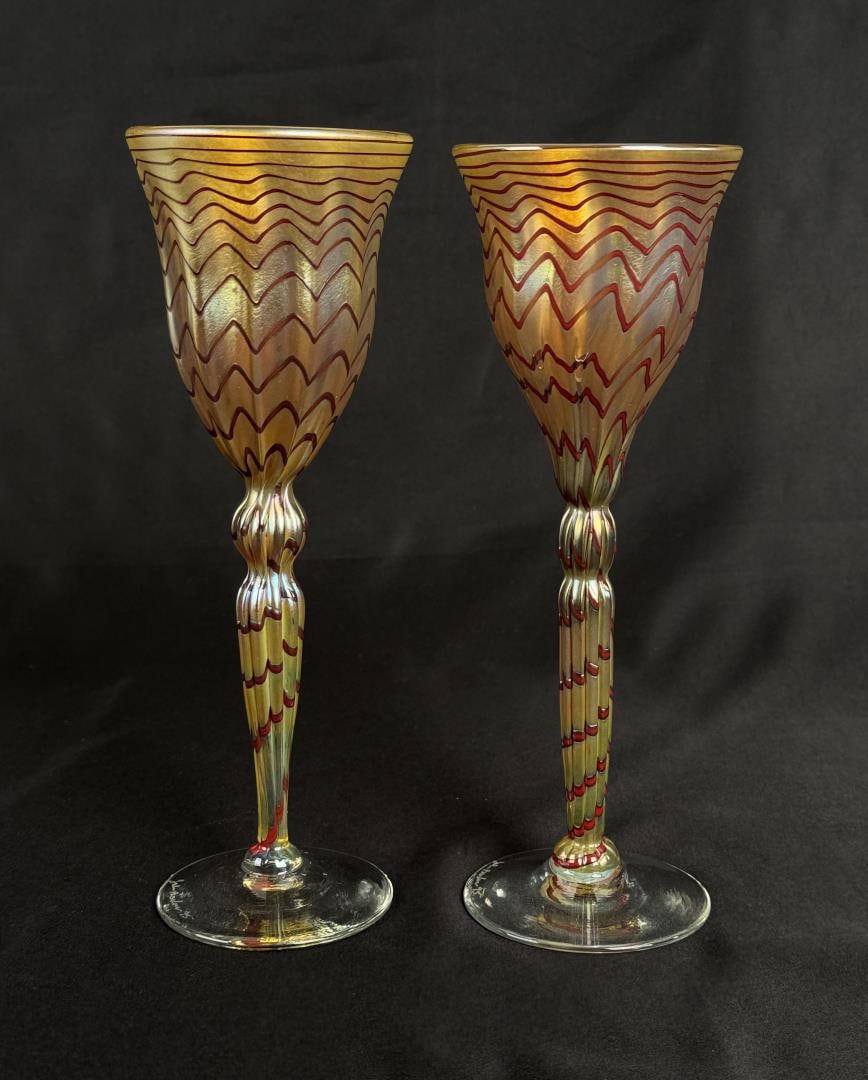 Art Glass Iridescent Wine Glasses: Dated 1995. 9 1/2" tall. Signed.