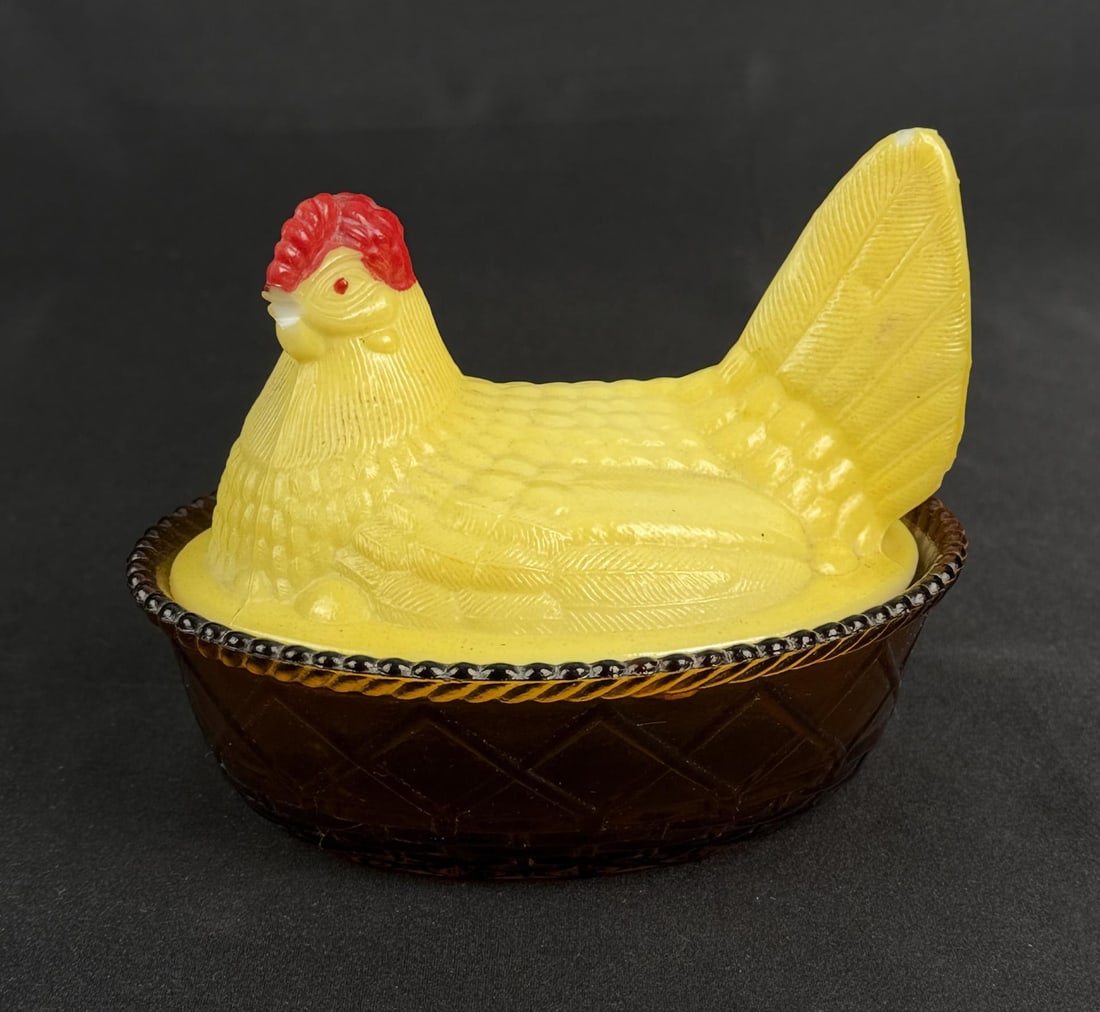 Mosser Glass Covered Hen on Nest Dish: Beak is broken off. 5 3/8" by 4 1/4" by 4 1/4"