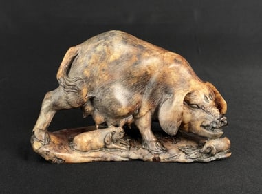 Chinese Sow Pig Piglets Soapstone Carving