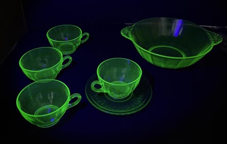 Group of Uranium Green Depression Glass Dishware