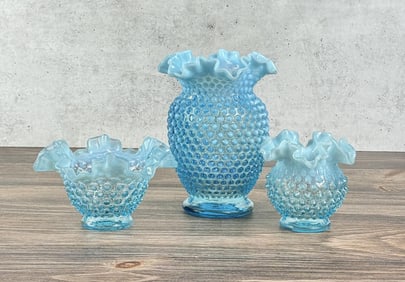 Fenton Glass Blue Opalescent Hobnail Vases