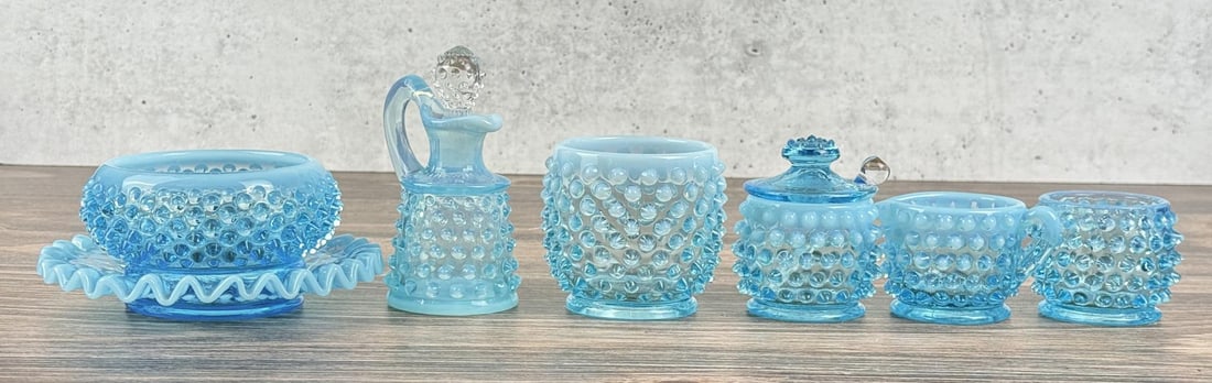 Group of Fenton Blue Opalescent Hobnail Glassware (1 of 6)