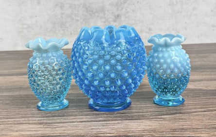 Fenton Glass Blue Opalescent Hobnail Vases