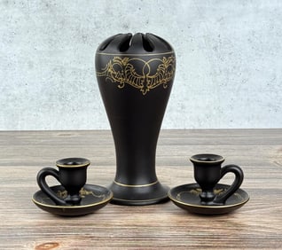 Tiffin Black Satin Amethyst Vase and Candlesticks