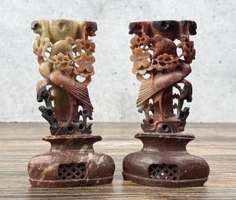 Pair Of Chinese Carved Soapstone Candle Holders