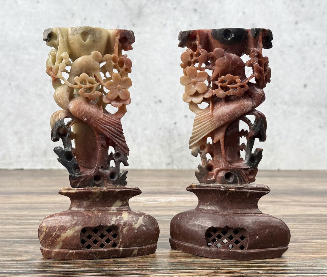 Pair Of Chinese Carved Soapstone Candle Holders (1 of 10)