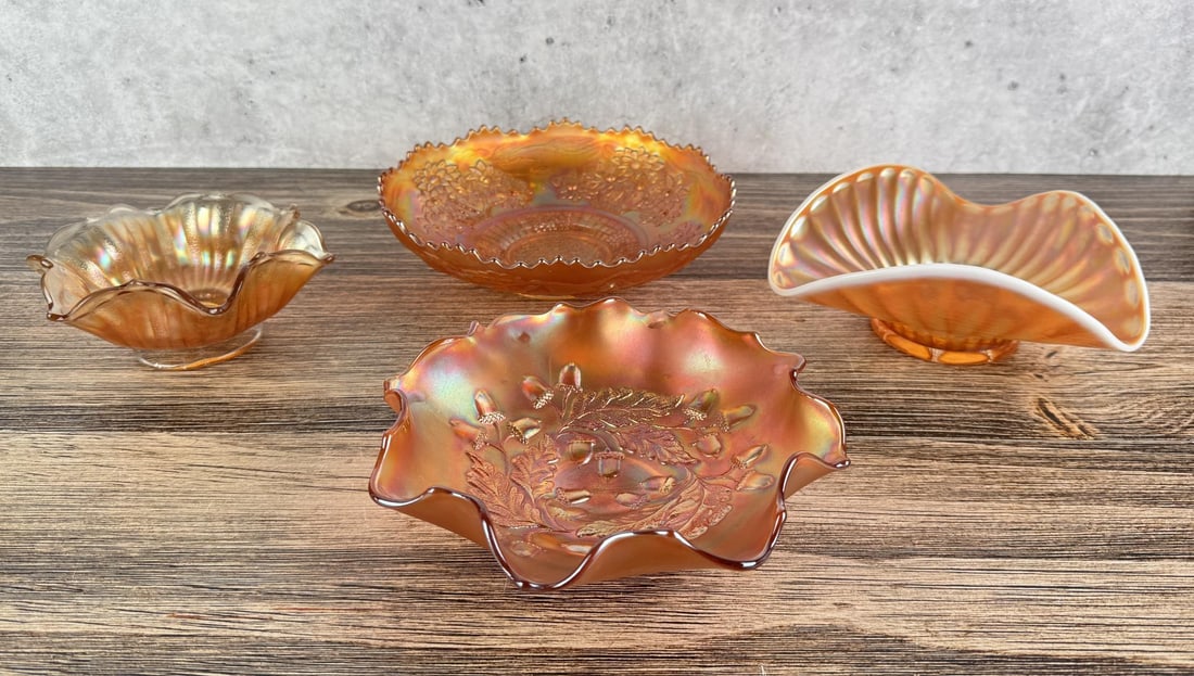 Collection of Antique Marigold Carnival Glass: Largest piece measures 2 1/4" high by 8 1/8" in diameter