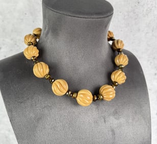 Carved Melon Bead Necklace Sterling Silver Clasp