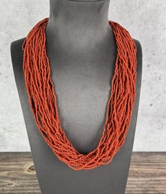 Red Coral Seed Bead Multi Strand Necklace