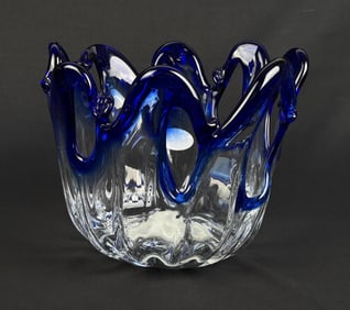 White Crystal Murano Art Glass Cobalt Trim Bowl