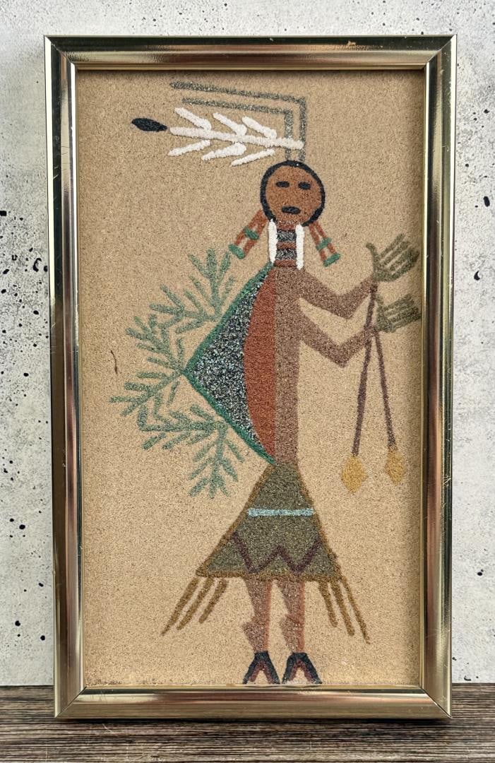 Navajo Indian Sand Painting: 4 1/4" by 7 1/4" framed.