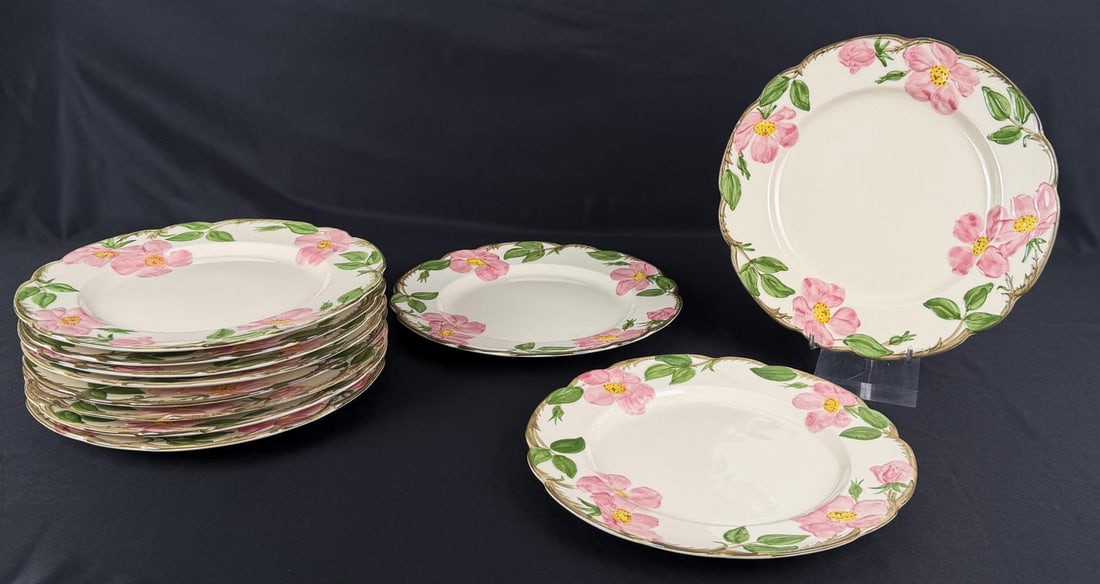 Group of Fransiscan Ware Desert Rose Plates: Made in California. Each measures 10 1/2" across. 11 plates total.