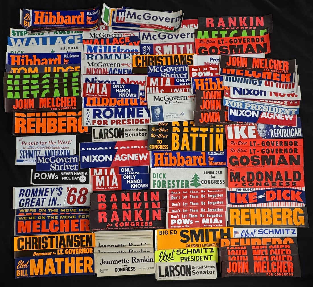 Montana Political Party Bumper Stickers: Including Jeanette Rankin for congress, Vietnam War Hanoi, Pow stickers, Nixon .