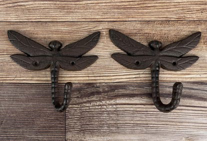 Pair Of Cast Iron Dragonfly Wall Coat Hooks