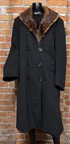 Antique Beaver Fur Lined Wool Duster Trench Coat